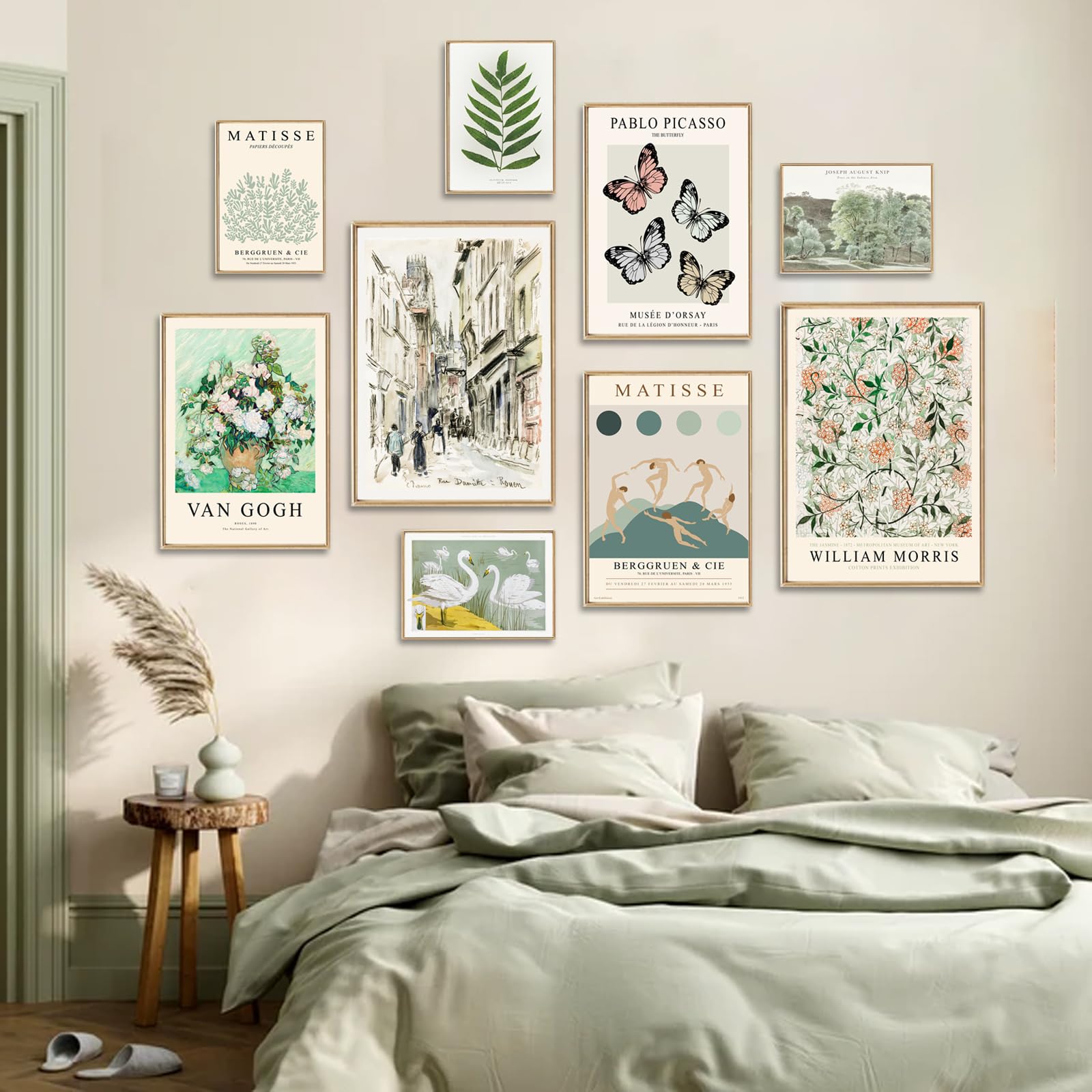 Uniro Sage Green Eclectic Wall Art Prints, 9 Pcs Matisse Wall Art Exhibition Posters For Room Aesthetic, Van Gogh William Morris